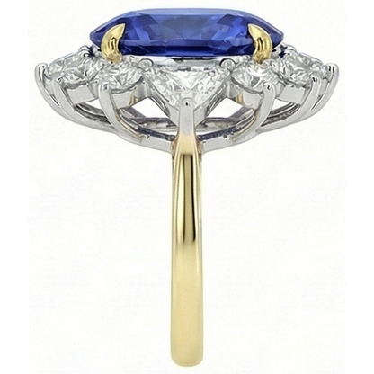 Halo Natural Earth Mined Diamond Ceylon Sapphire Ring 4.25 Carats Two Tone Sunburst Style