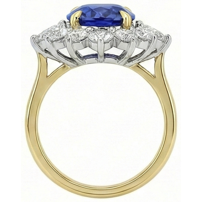 Halo Natural Earth Mined Diamond Ceylon Sapphire Ring 4.25 Carats Two Tone Sunburst Style