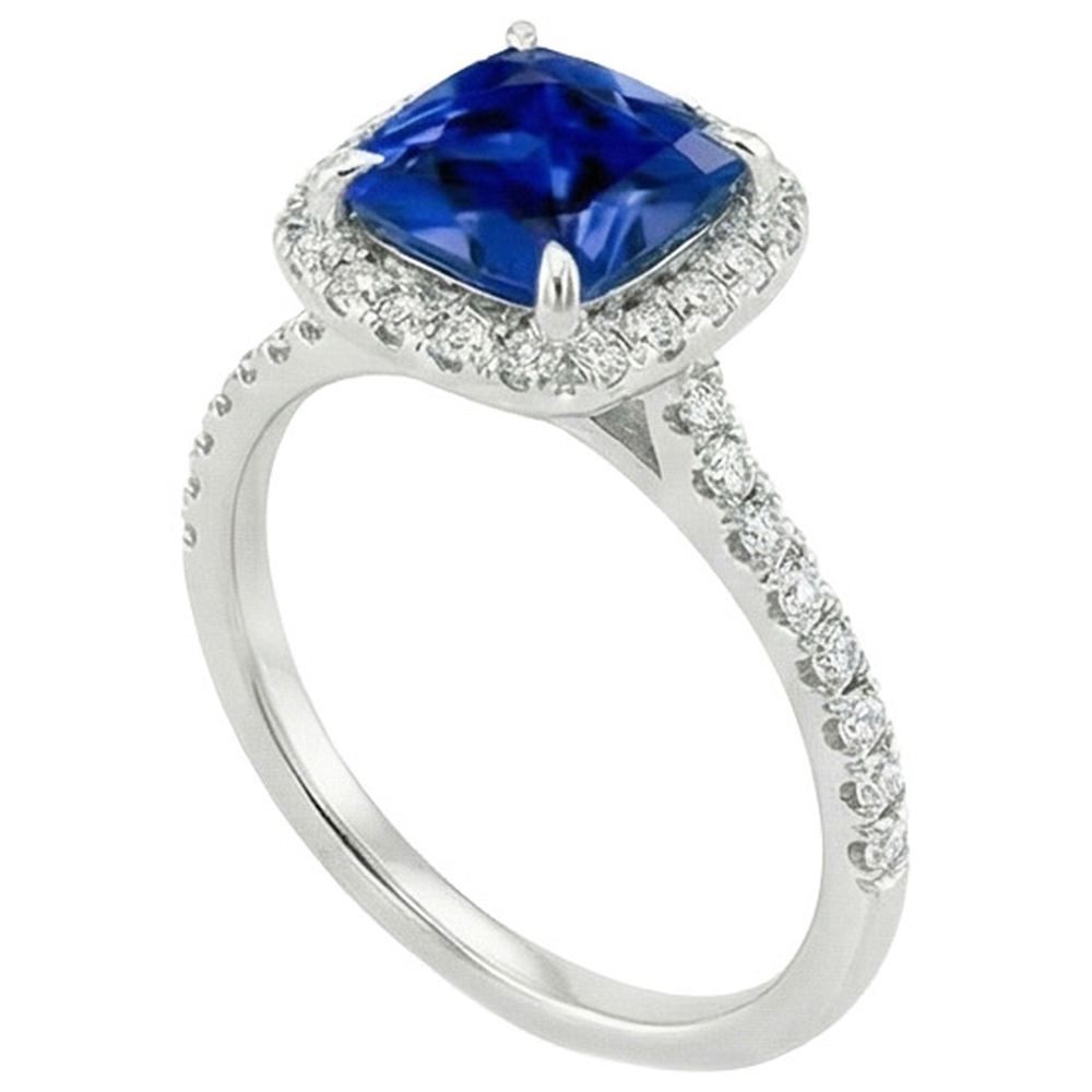 Halo Natural Earth Mined Diamond Ceylon Sapphire With Accents Ring 3.25 Carats Gold 14K