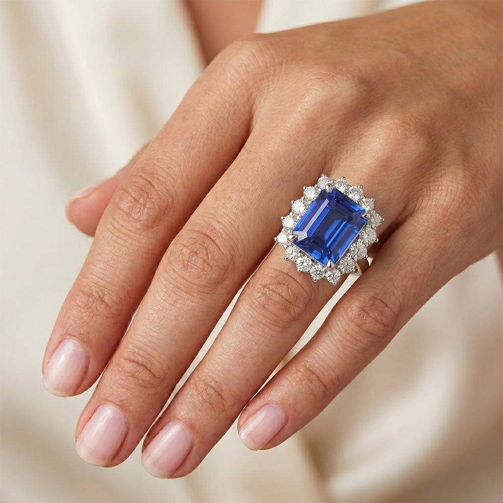 Halo Natural Earth Mined Diamond Emerald Ceylon Sapphire Engagement Ring 8.20 Carats