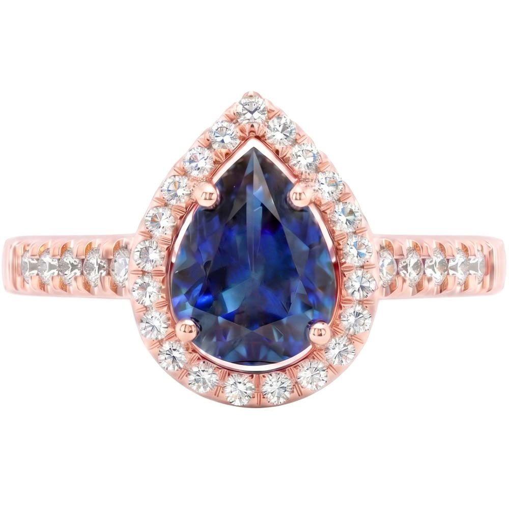 Halo Natural Earth Mined Diamond Engagement Ring Pear Blue Sapphire 3.50 Carats