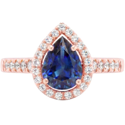 Halo Natural Earth Mined Diamond Engagement Ring Pear Blue Sapphire 3.50 Carats