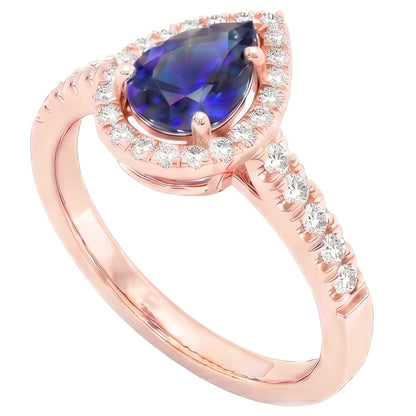 Halo Natural Earth Mined Diamond Engagement Ring Pear Blue Sapphire 3.50 Carats