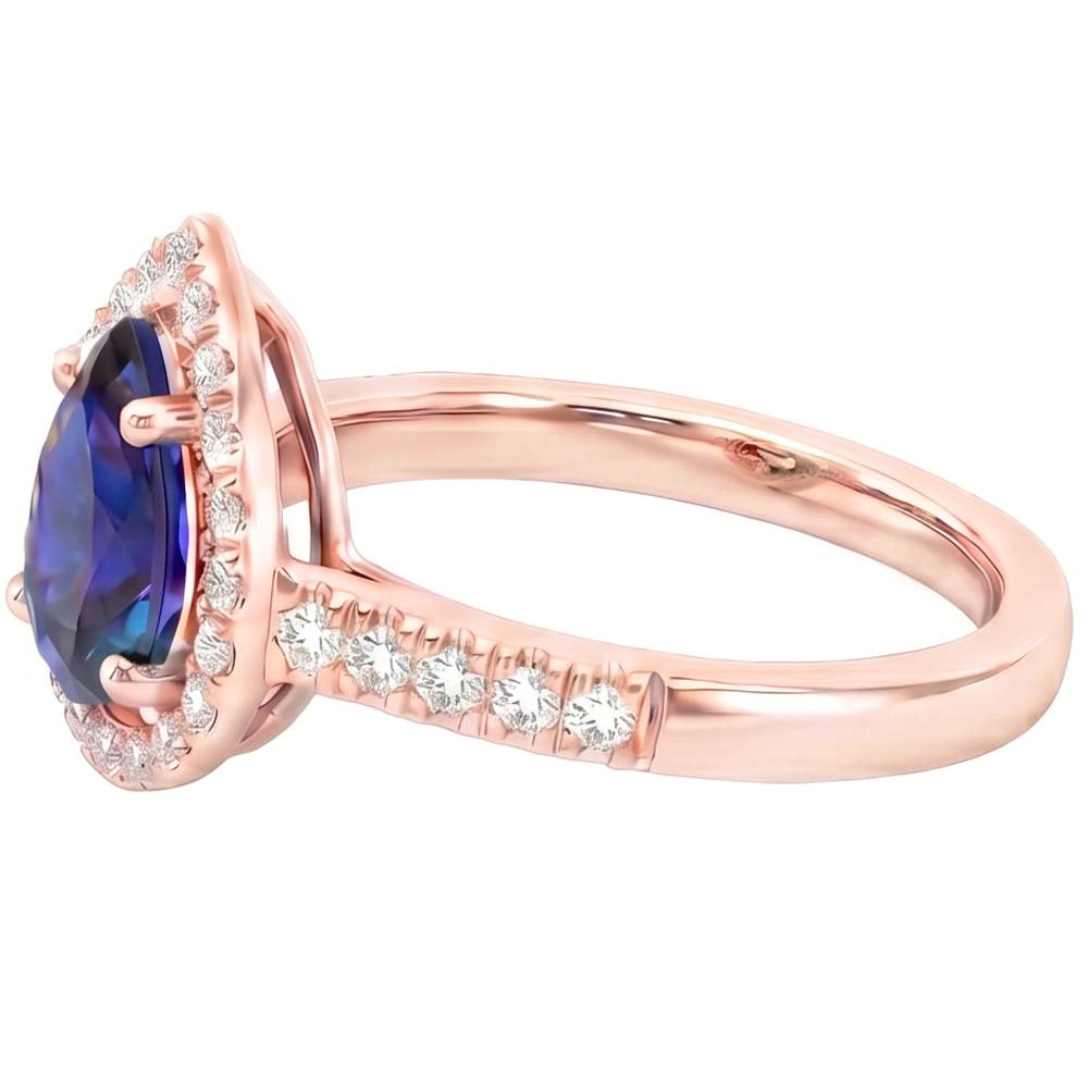 Halo Natural Earth Mined Diamond Engagement Ring Pear Blue Sapphire 3.50 Carats