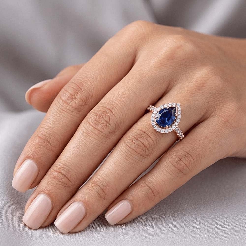 Halo Natural Earth Mined Diamond Engagement Ring Pear Blue Sapphire 3.50 Carats