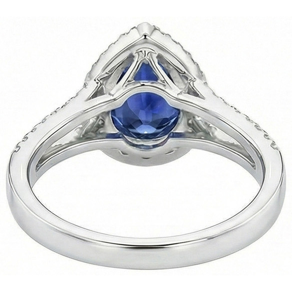 Halo Natural Earth Mined Diamond Engagement Ring Pear Ceylon Sapphire Split Shank 4 Carats