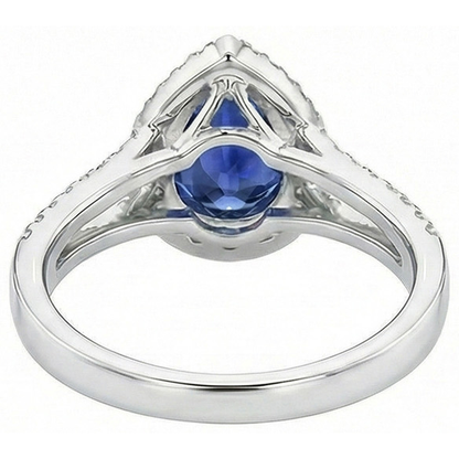 Halo Natural Earth Mined Diamond Engagement Ring Pear Ceylon Sapphire Split Shank 4 Carats