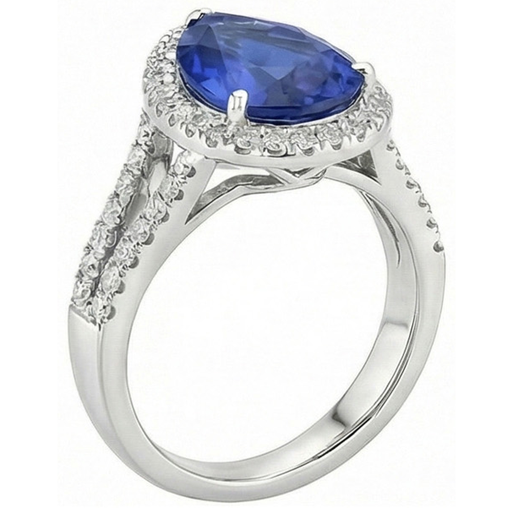 Halo Natural Earth Mined Diamond Engagement Ring Pear Ceylon Sapphire Split Shank 4 Carats