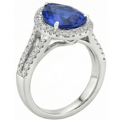 Halo Natural Earth Mined Diamond Engagement Ring Pear Ceylon Sapphire Split Shank 4 Carats