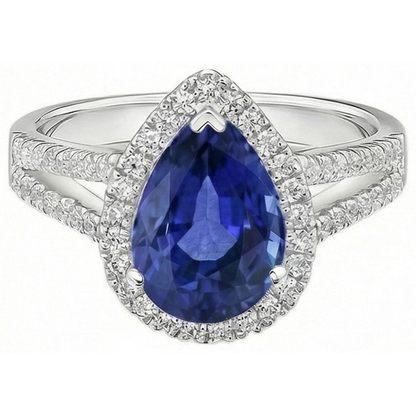Halo Natural Earth Mined Diamond Engagement Ring Pear Ceylon Sapphire Split Shank 4 Carats