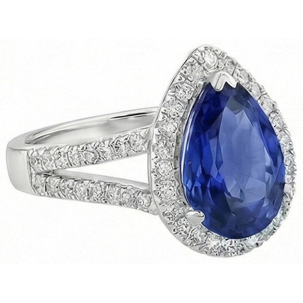 Halo Natural Earth Mined Diamond Engagement Ring Pear Ceylon Sapphire Split Shank 4 Carats