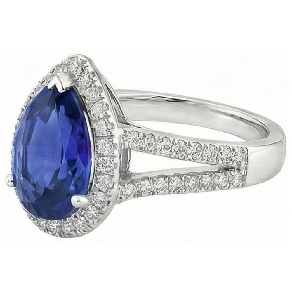 Halo Natural Earth Mined Diamond Engagement Ring Pear Ceylon Sapphire Split Shank 4 Carats