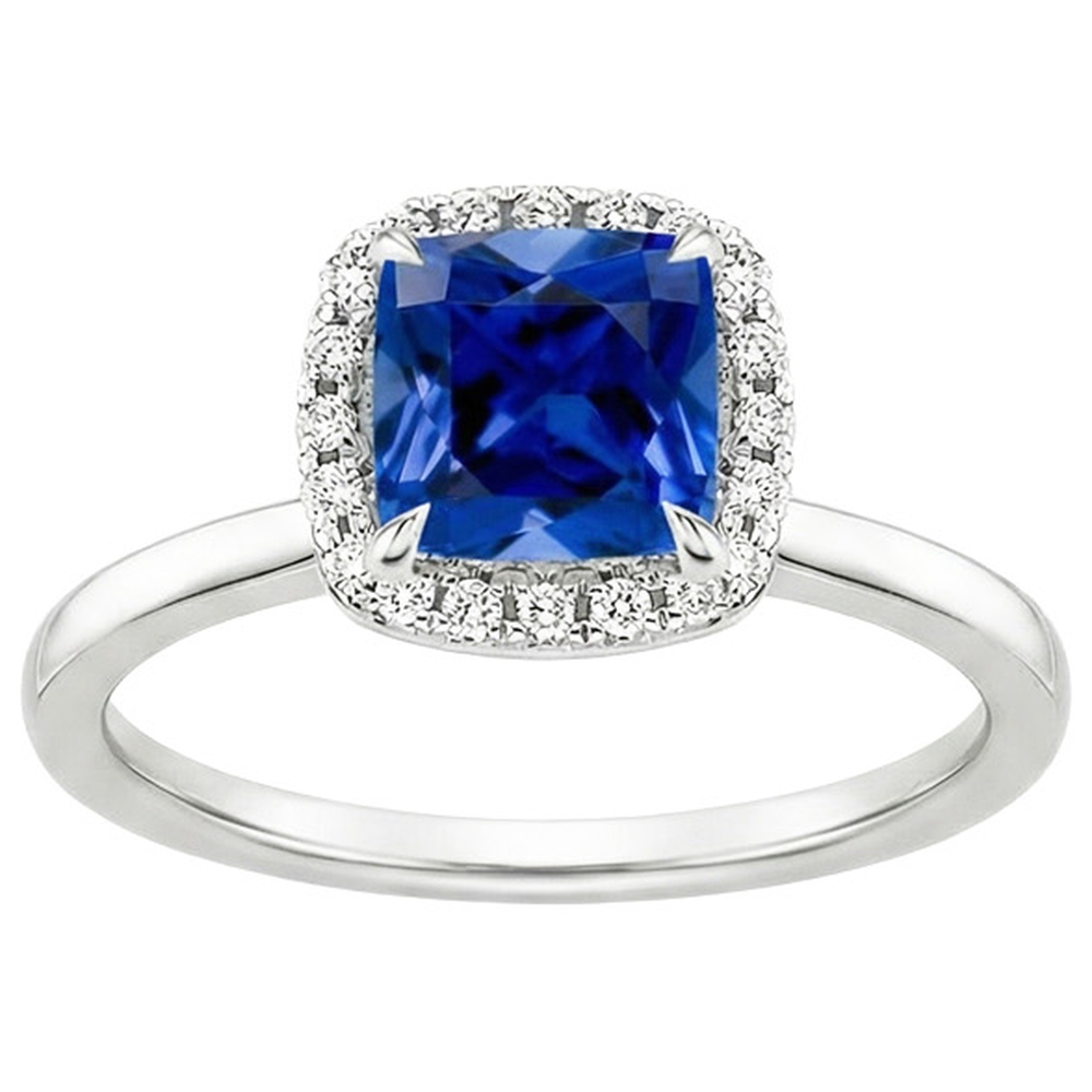 Halo Natural Earth Mined Diamond Engagement Ring Prong Set Blue Sapphire Gold 2.75 Carats