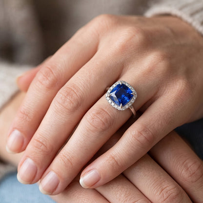 Halo Natural Earth Mined Diamond Engagement Ring Prong Set Blue Sapphire Gold 2.75 Carats