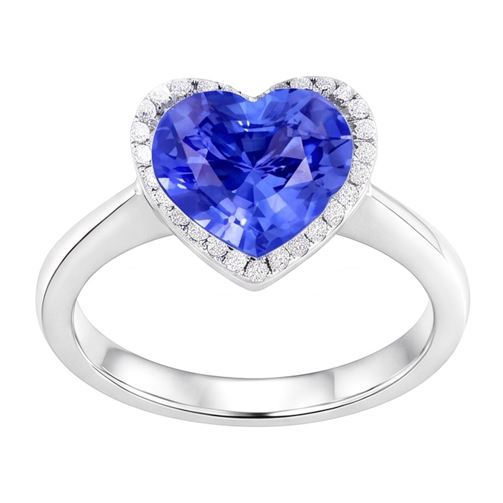 Halo Natural Earth Mined Diamond Heart Shaped Sri Lankan Sapphire Ring 3.50 Carats