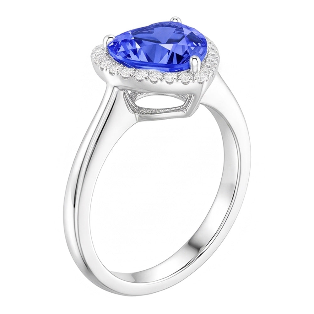 Halo Natural Earth Mined Diamond Heart Shaped Sri Lankan Sapphire Ring 3.50 Carats