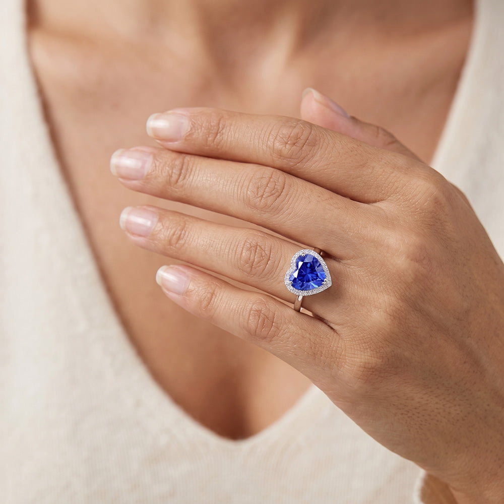 Halo Natural Earth Mined Diamond Heart Shaped Sri Lankan Sapphire Ring 3.50 Carats