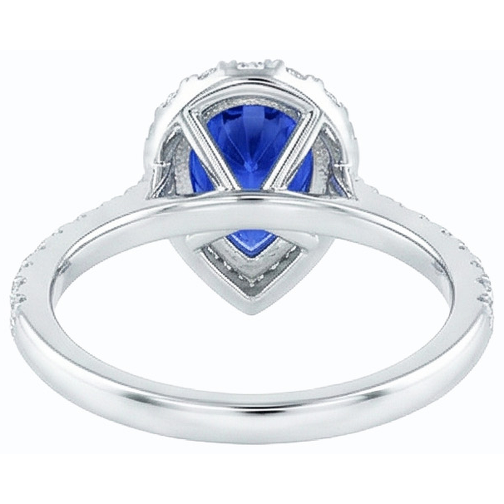 Halo Natural Earth Mined Diamond Jewelry Pear Blue Sapphire Ring 4 Carats White Gold 14K