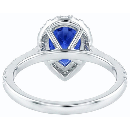 Halo Natural Earth Mined Diamond Jewelry Pear Blue Sapphire Ring 4 Carats White Gold 14K
