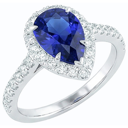 Halo Natural Earth Mined Diamond Jewelry Pear Blue Sapphire Ring 4 Carats White Gold 14K