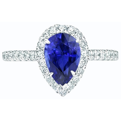 Halo Natural Earth Mined Diamond Jewelry Pear Blue Sapphire Ring 4 Carats White Gold 14K