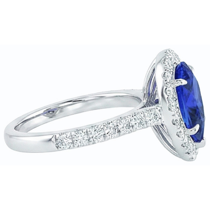 Halo Natural Earth Mined Diamond Jewelry Pear Blue Sapphire Ring 4 Carats White Gold 14K
