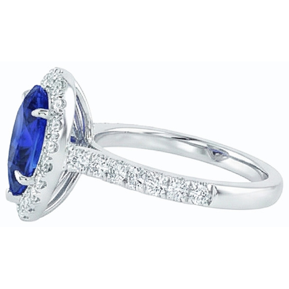 Halo Natural Earth Mined Diamond Jewelry Pear Blue Sapphire Ring 4 Carats White Gold 14K