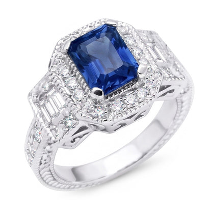 Halo Natural Earth Mined Diamond Radiant Sapphire Ring 2.50 Carats Vintage Style Baguettes