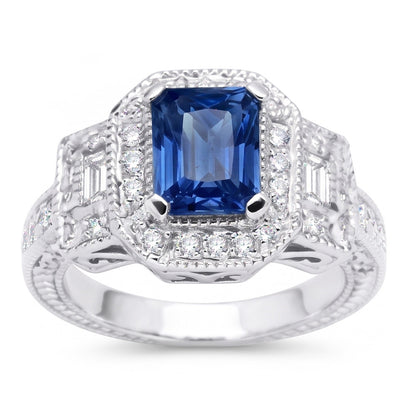 Halo Natural Earth Mined Diamond Radiant Sapphire Ring 2.50 Carats Vintage Style Baguettes