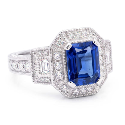 Halo Natural Earth Mined Diamond Radiant Sapphire Ring 2.50 Carats Vintage Style Baguettes