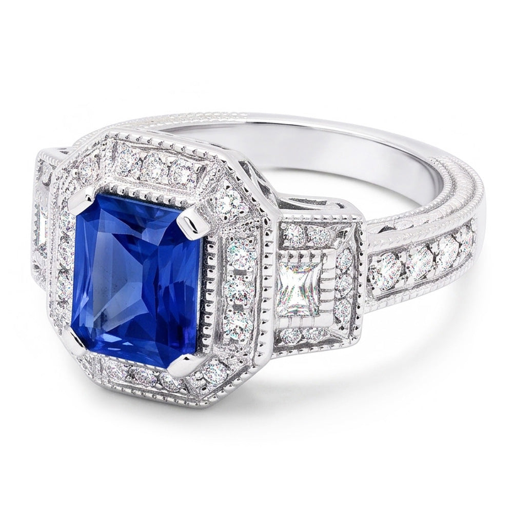 Halo Natural Earth Mined Diamond Radiant Sapphire Ring 2.50 Carats Vintage Style Baguettes