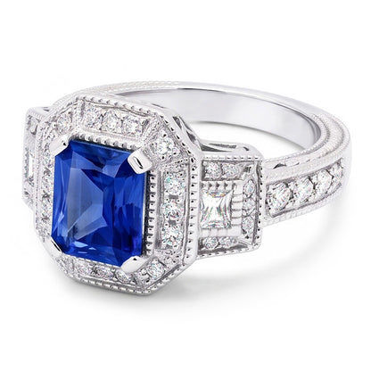 Halo Natural Earth Mined Diamond Radiant Sapphire Ring 2.50 Carats Vintage Style Baguettes