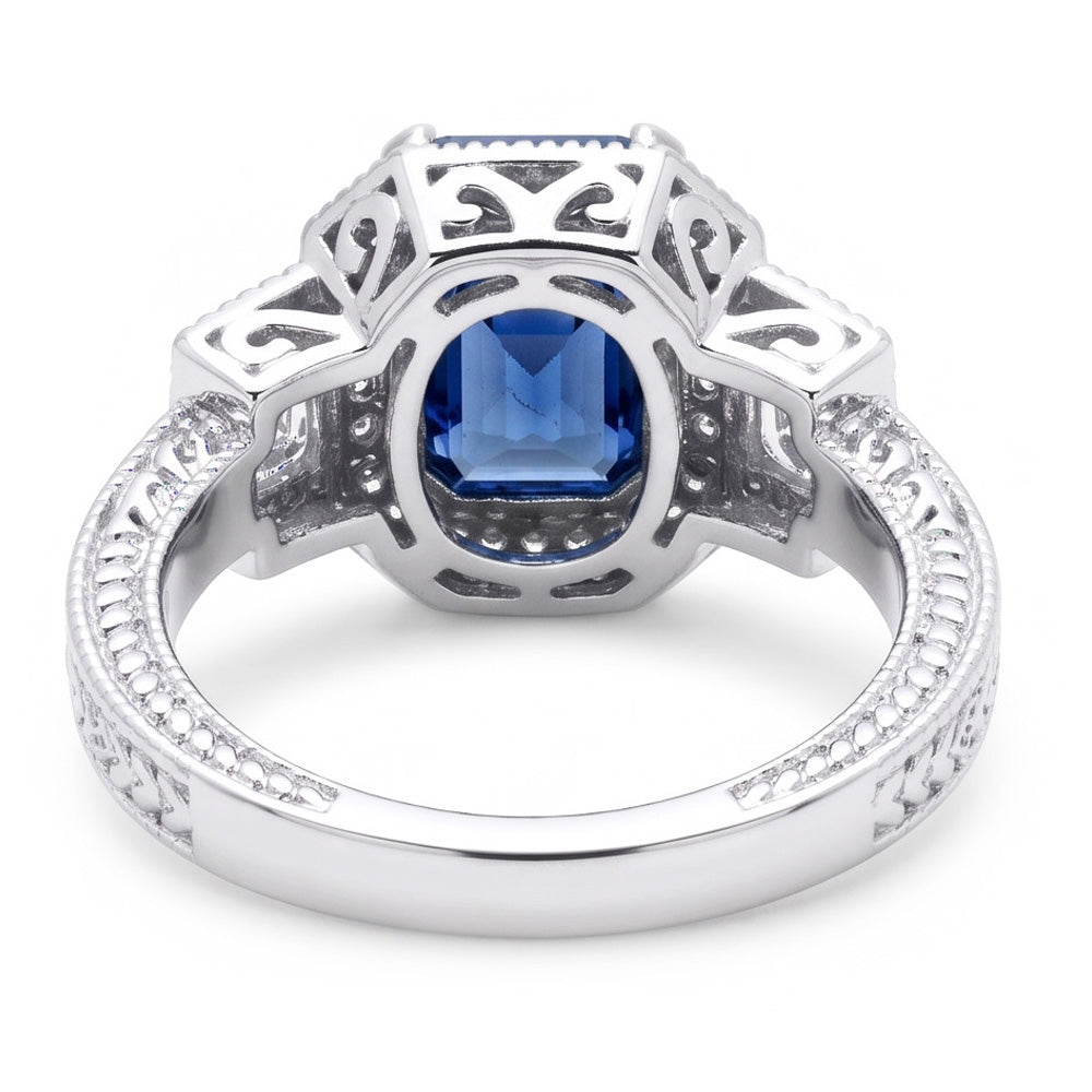Halo Natural Earth Mined Diamond Radiant Sapphire Ring 2.50 Carats Vintage Style Baguettes