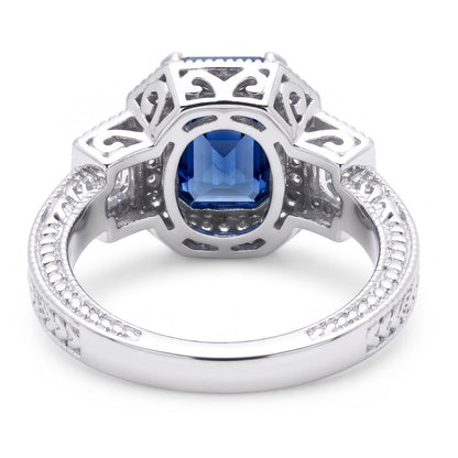Halo Natural Earth Mined Diamond Radiant Sapphire Ring 2.50 Carats Vintage Style Baguettes