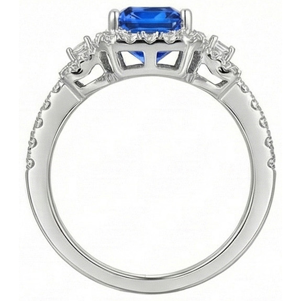 Halo Natural Earth Mined Diamond Ring 3 Stone Style Blue Sapphire With Accents 4.50 Carats