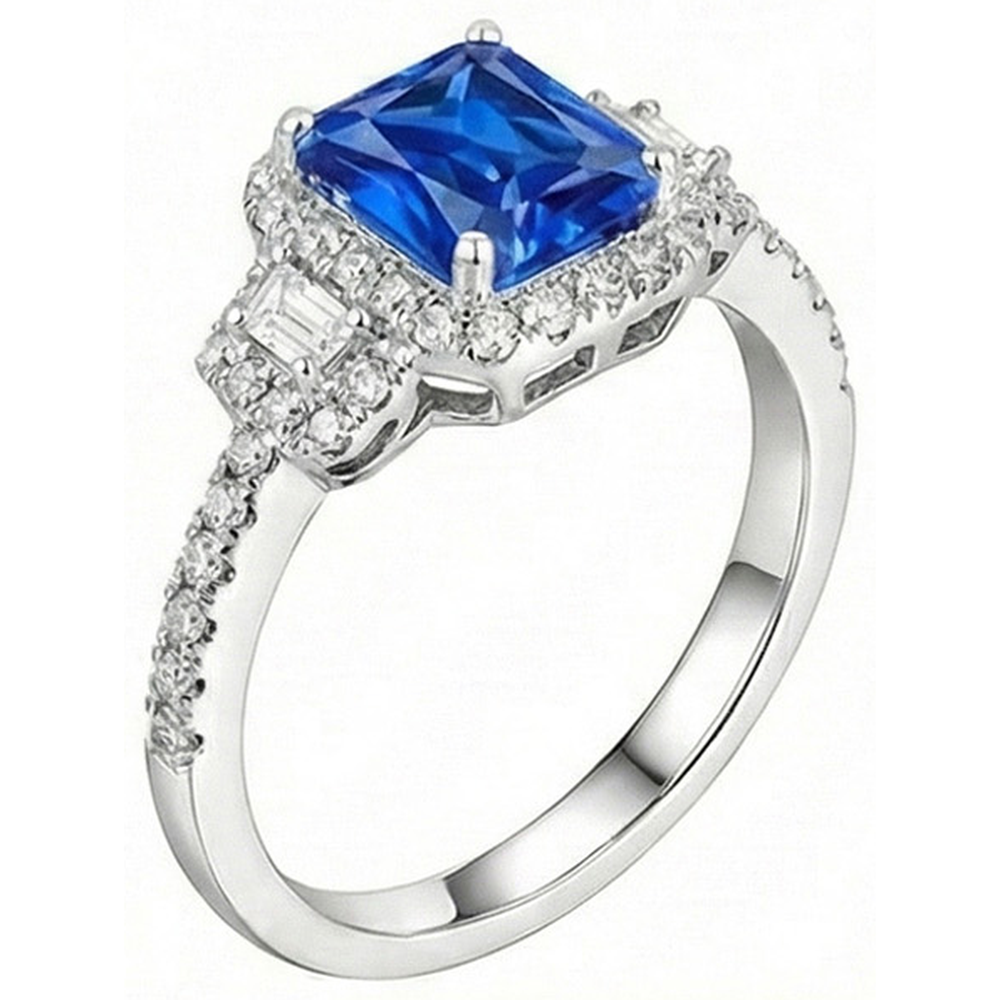 Halo Natural Earth Mined Diamond Ring 3 Stone Style Blue Sapphire With Accents 4.50 Carats