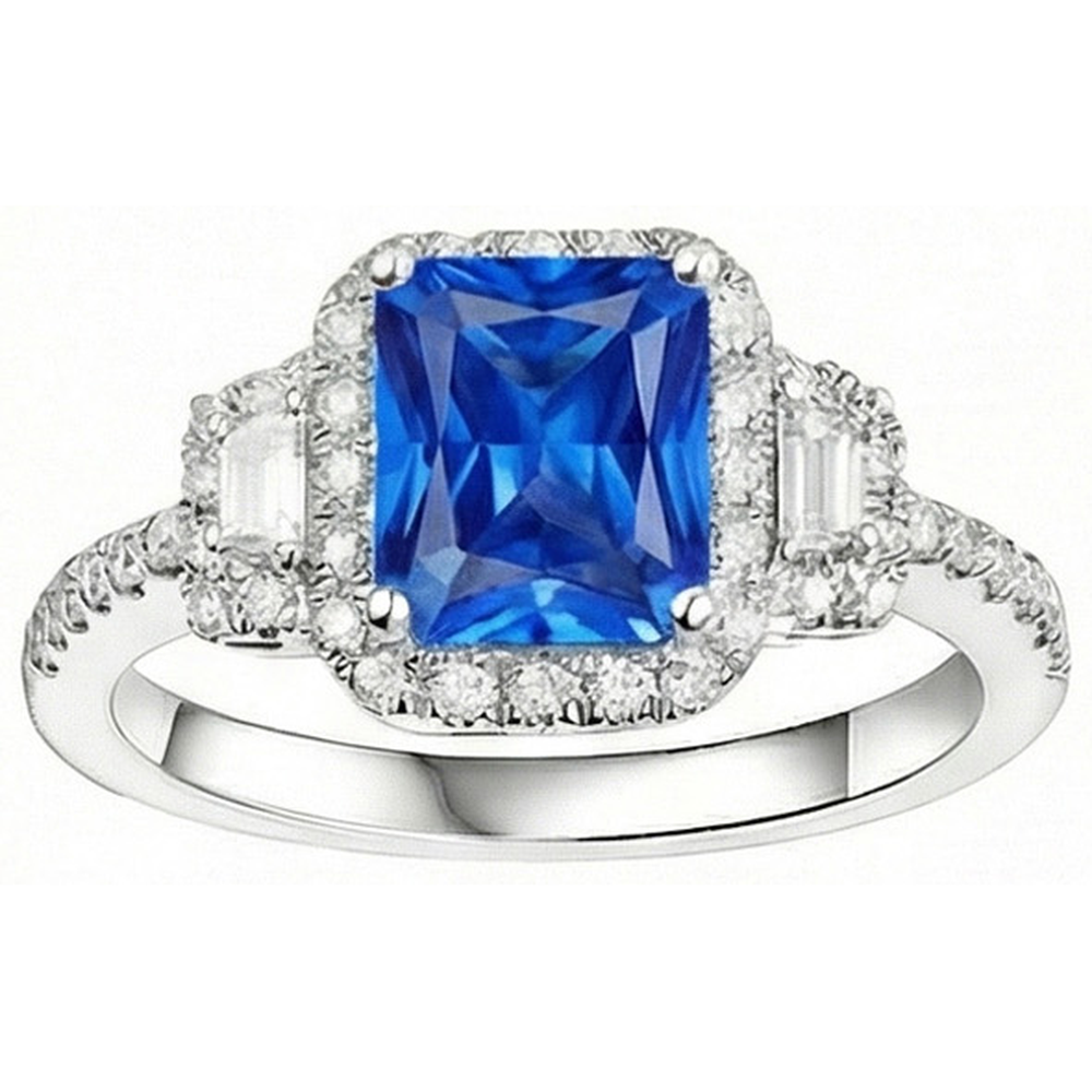 Halo Natural Earth Mined Diamond Ring 3 Stone Style Blue Sapphire With Accents 4.50 Carats