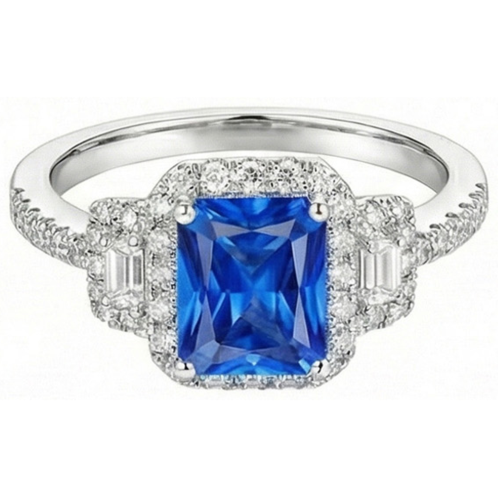 Halo Natural Earth Mined Diamond Ring 3 Stone Style Blue Sapphire With Accents 4.50 Carats