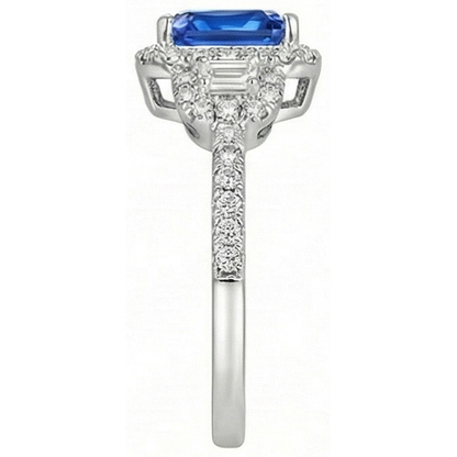 Halo Natural Earth Mined Diamond Ring 3 Stone Style Blue Sapphire With Accents 4.50 Carats