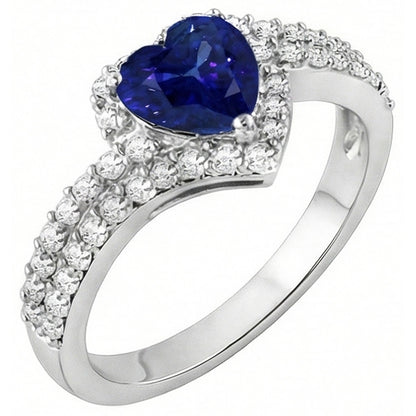 Halo Natural Earth Mined Diamond Ring 4.50 Carats Heart Blue Sapphire Double Shank
