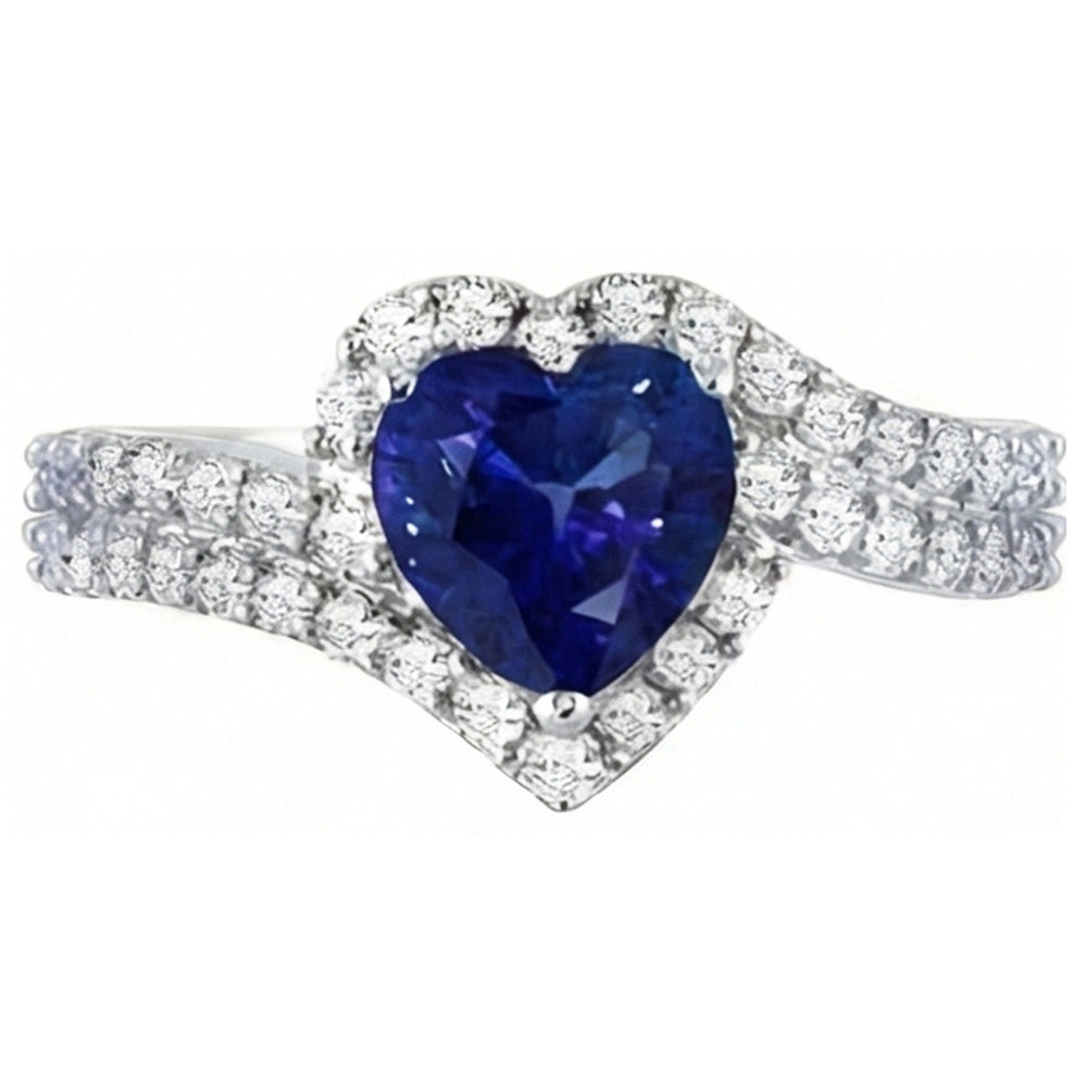 Halo Natural Earth Mined Diamond Ring 4.50 Carats Heart Blue Sapphire Double Shank