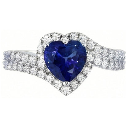 Halo Natural Earth Mined Diamond Ring 4.50 Carats Heart Blue Sapphire Double Shank