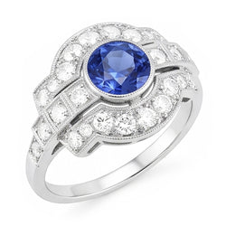 Halo Natural Earth Mined Diamond Ring Bezel Set Ceylon Sapphire 2.50 Carats Milgrain Shank