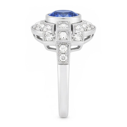 Halo Natural Earth Mined Diamond Ring Bezel Set Ceylon Sapphire 2.50 Carats Milgrain Shank