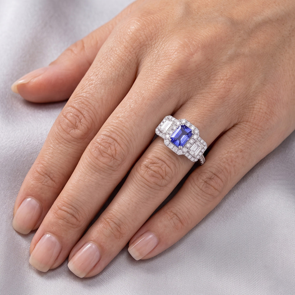 Halo Natural Earth Mined Diamond Ring Deep Blue Sapphire Emerald & Round Accents 3 Carats