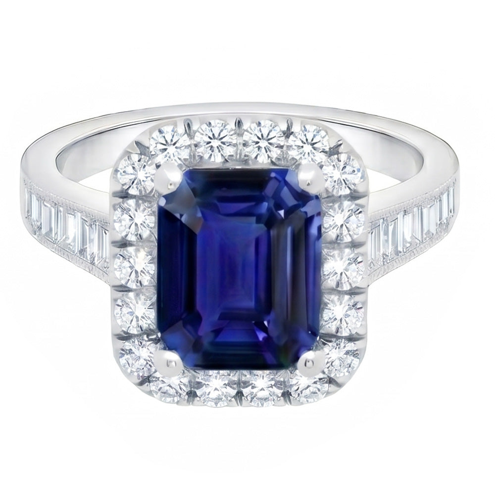 Halo Natural Earth Mined Diamond Ring Emerald Blue Sapphire Jewelry 3 Carats Channel Set