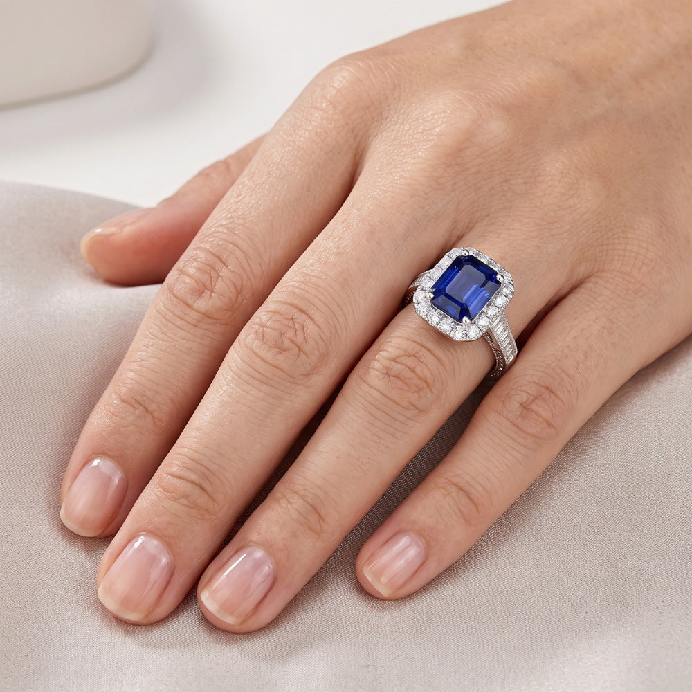 Halo Natural Earth Mined Diamond Ring Emerald Blue Sapphire Jewelry 3 Carats Channel Set