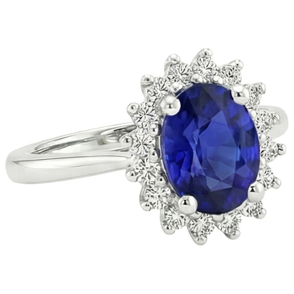Halo Natural Earth Mined Diamond Ring Flower Style Ceylon Sapphire 4 Carats