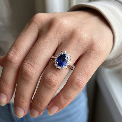 Halo Natural Earth Mined Diamond Ring Flower Style Ceylon Sapphire 4 Carats
