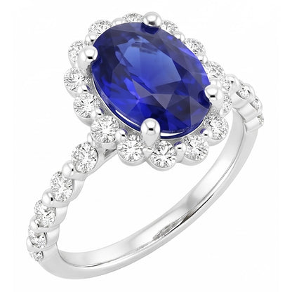 Halo Natural Earth Mined Diamond Ring Flower Style Sri Lankan Sapphire 4 Carats